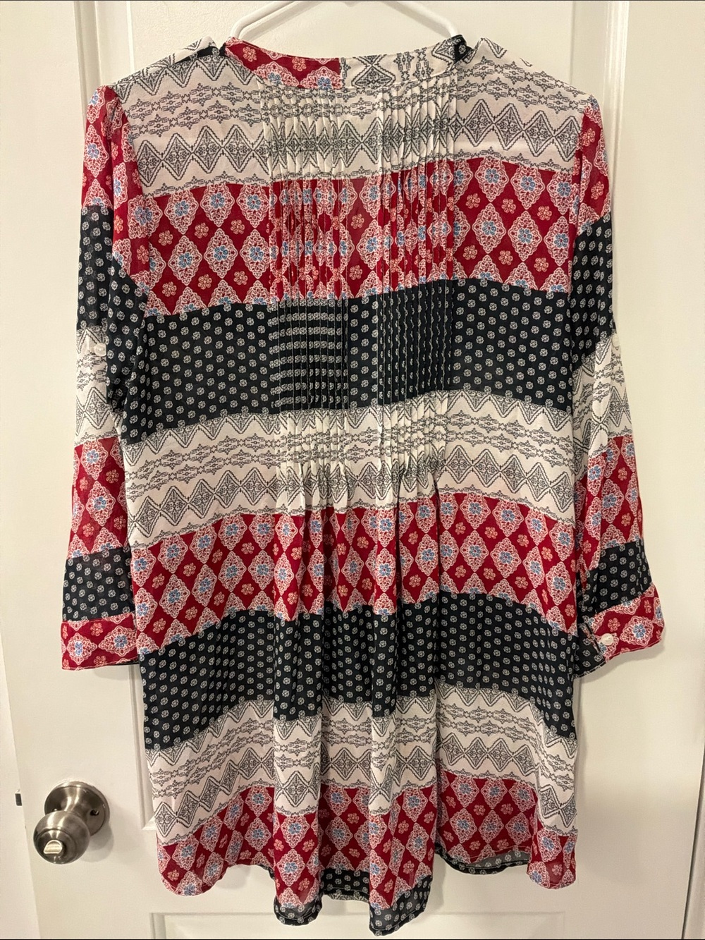 American Rag Red Navy White Patterned Sheer Button-Front Tunic - Picture 3 of 5